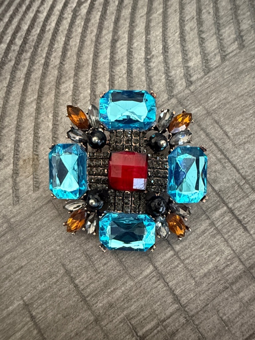 Crystal Statement Brooch with Blue and Red Gem Accents